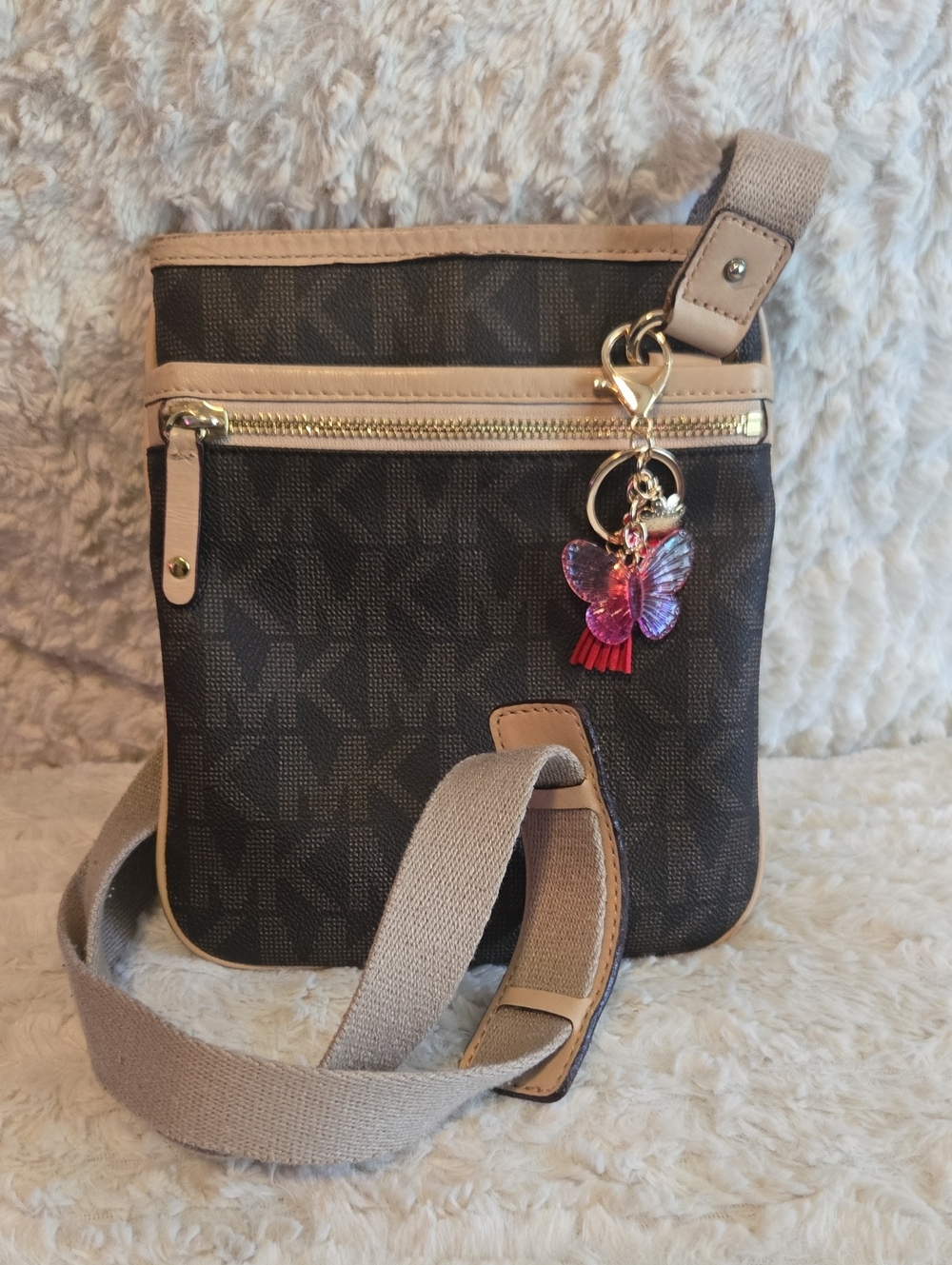 Michael Kors Brown Logo Crossbody with Beige Trim and Pink Butterfly Charm